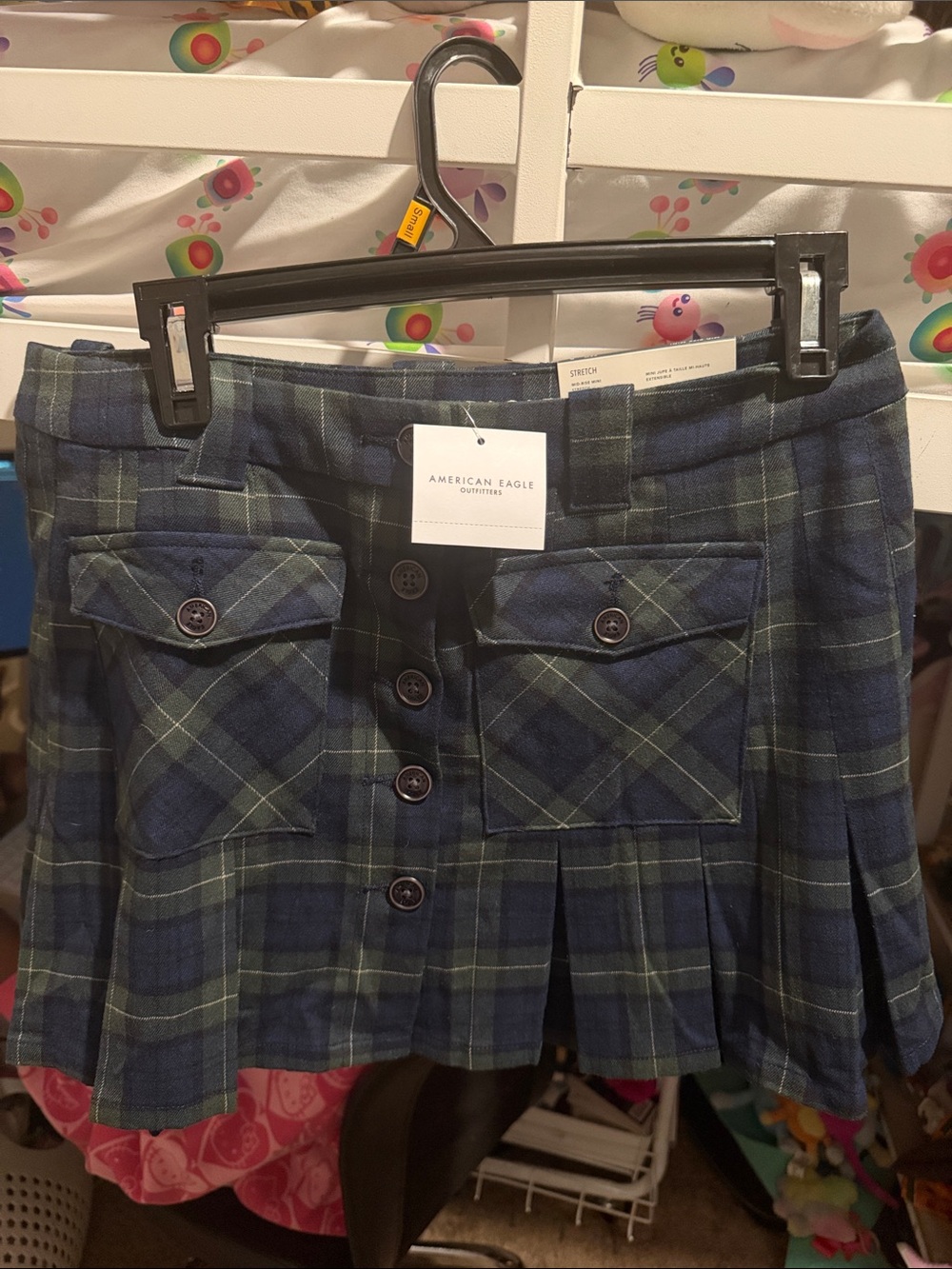 American Eagle Outfitters Navy & Green Plaid Button-Front Pleated Mini Skirt